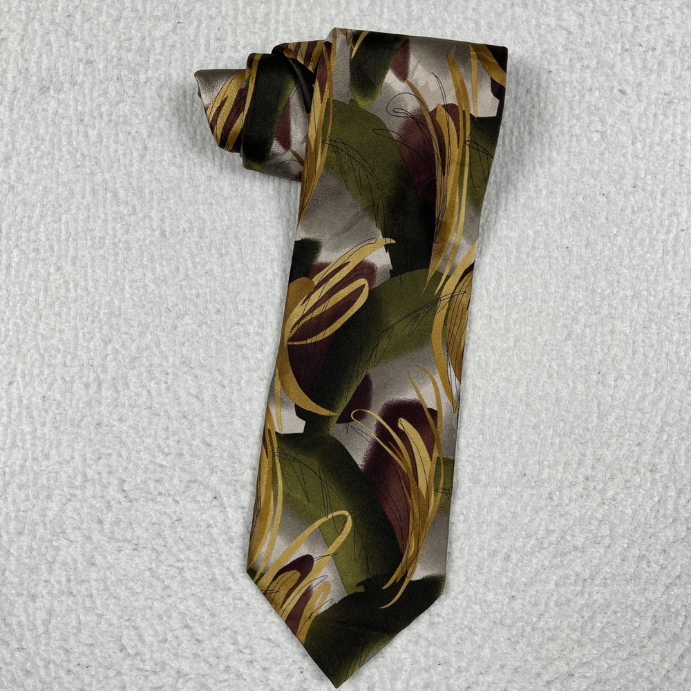 J. Garcia Silk Necktie Mens One Size Green Yellow Abstract Art Botanical Tie